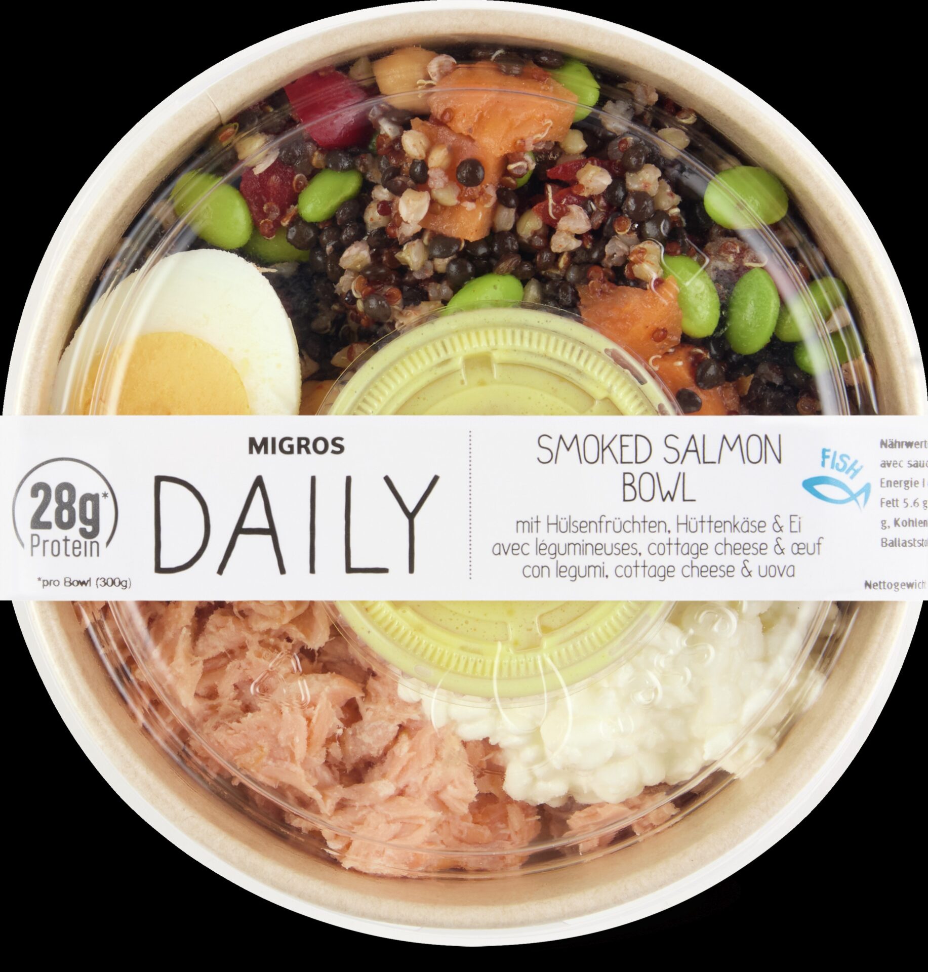 Migros Daily Bowl mit Lachs, Hülsenfrüchten, Hüttenkäse und Ei