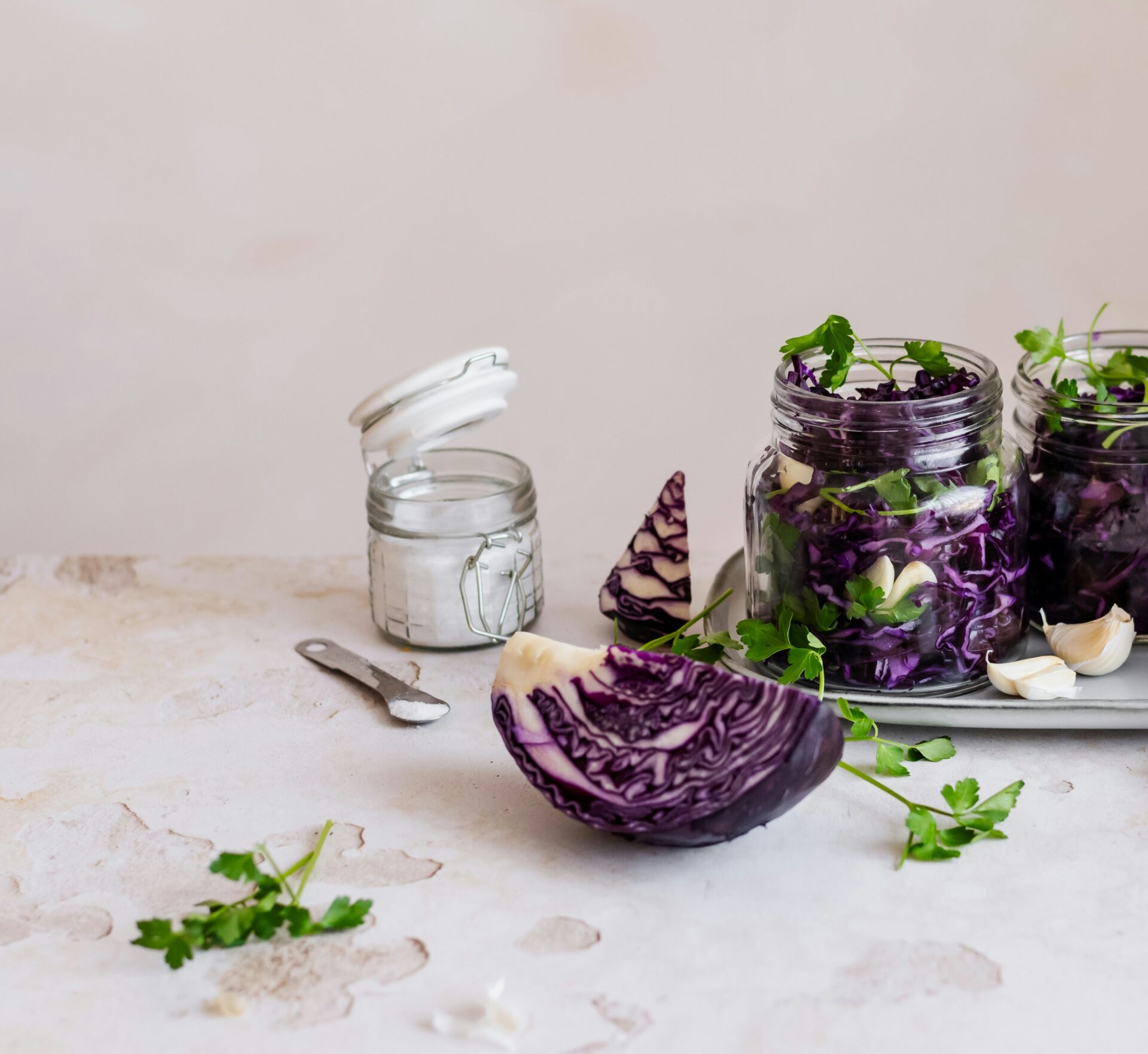 Rotkohl und Kräuter zur Fermentation in Gläsern